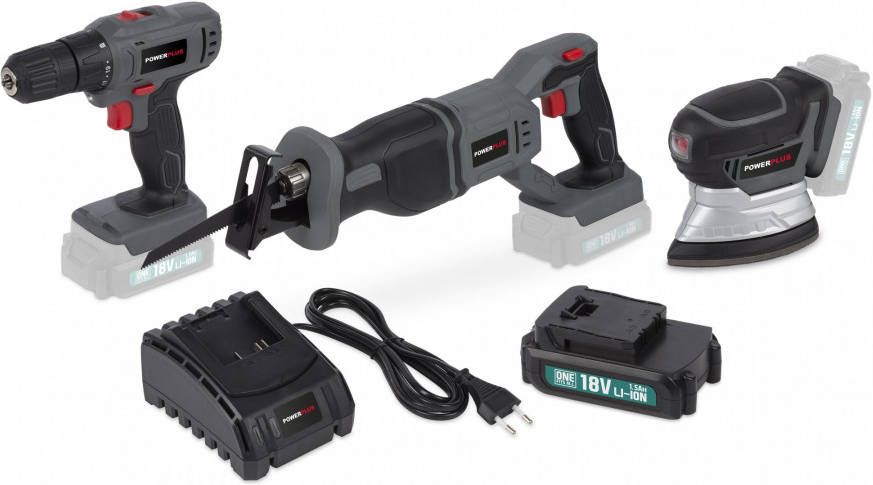 Powerplus POWEBSET20 18V Li Ion accu schroefboormachine(POWEB1510)&amp, Reciprozaag(POWEB2510)&amp, Schuurmachine(POWEB4020)combiset(1x1.5Ah )