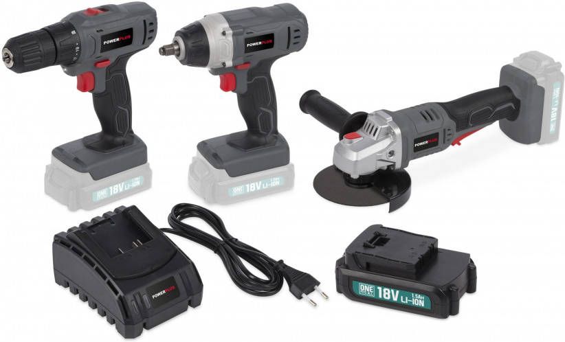 Powerplus POWEBSET21 18V Li Ion accu schroefboormachine(POWEB1510)&amp, Haakse slijper(POWEB3510)&amp, Slagmoersleutel(POWEB2015)combiset(1x1.5Ah )
